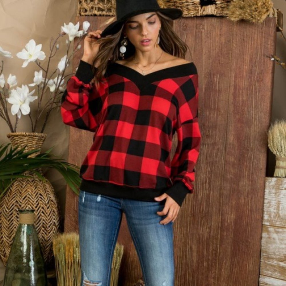 Squared Up Buffalo Plaid V Neck Knit Top - Picture 9 of 12